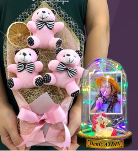 Kişiye Özel Renkli Led Işıklı Fanus ve Büyük Boy Pembe Ayıcık Buketi Hediye Seti (Model 10)