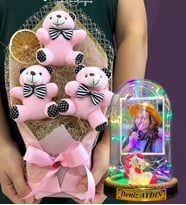 Kişiye Özel Renkli Led Işıklı Fanus ve Büyük Boy Pembe Ayıcık Buketi Hediye Seti (Model 10)