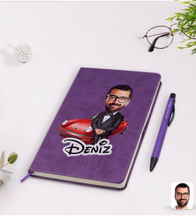 BK Gift Kişiye Özel Erkek Patron Karikatürlü Mor Termo Deri Defter Kalem Seti Model 1