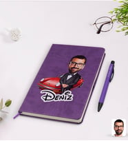 BK Gift Kişiye Özel Erkek Patron Karikatürlü Mor Termo Deri Defter Kalem Seti Model 1