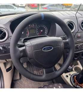 DİKİŞLİ DİREKSİYON KILIFI SİYAH DERİ MAVİ YÜZÜK MAVİ DİKİŞLİ F.ORT CONNECT FİESTA İÇİN