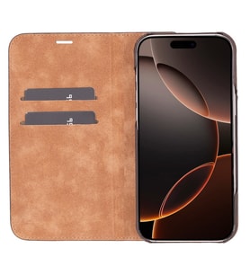 Apple iPhone 16 Pro Max uyumlu, Hakiki Deri, El Yapımı, Cüzdanlı Kılıf, Antik Kahve (Taba)