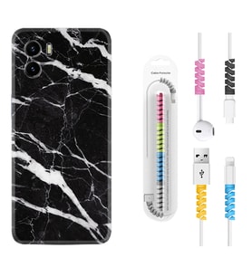 Vivo Y15S Y32 Y33S Y51 Y53S Kılıf Kablo Koruma Spiral Silikon Siyah Şerit Mermer 1318