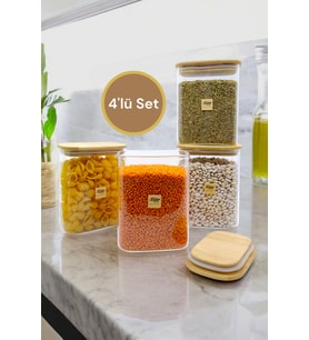 Bambu Conta Kapaklı 4'lü Cam Kavanoz Seti, 1000ML, Baharat ve Erzak Saklama