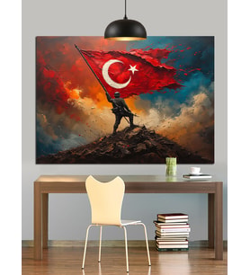 Bayrak Tutan Asker Silüeti Dekoratif Kanvas - Mdf Ahşap Tablo