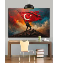 Bayrak Tutan Asker Silüeti Dekoratif Kanvas - Mdf Ahşap Tablo