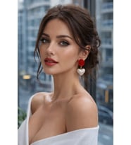 Romantic Rose Kırmızı Güll ve İnci Beyazı Kalp Sallantılı Küpe - Şık, Sevgililer Günü, Hediye (Kırmızı-Beyaz)