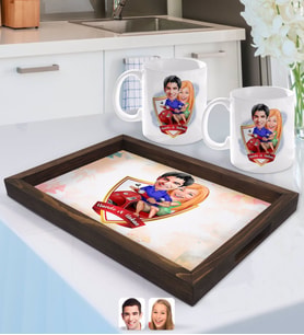 BK Gift Kişiye Özel İsimli Sevgililer Karikatürlü Doğal Ahşap Tepsi ve 2’li Kupa Bardak Seti-10