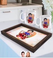 BK Gift Kişiye Özel İsimli Sevgililer Karikatürlü Doğal Ahşap Tepsi ve 2’li Kupa Bardak Seti-10