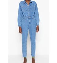 Kadın Moda Standart Kol Boru Paça Gömlek Yaka Düz Desen Uzun Bel Detaylı Denim Tulum