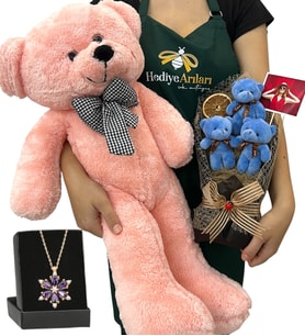 Fotoğraflı Hediye Seti - Ametist Taşlı Lotus Kolye, 3'lü Ayıcık Buketi ve Pembe Peluş Ayıcık (Model 2)