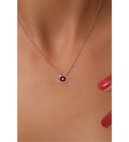 925 Ayar Gümüş Rose Kaplama Siyah Zirkon Taşlı Yarım Göz Kolye