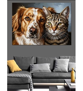 Sevimli Köpek Ve Kedi Dostluğu Dekoratif Kanvas - Mdf Ahşap Tablo