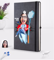 BK Gift Kişiye Özel Kadın Diş Hekimi Karikatürlü Siyah Termo Deri Defter 16x24cm Model 3