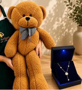 Işıklı Kutuda 925 Ayar Gümüş Altın Kaplama Sarkık Tasarım Kolye ve 80 cm Kahve Peluş Ayıcık Hediye