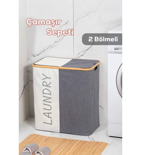 Porsima Mio-103 Bambu 2 Bölmeli Banyo Kirli Çamaşır Sepeti Banyo Düzenleyici Sepet 59X53,5 cm