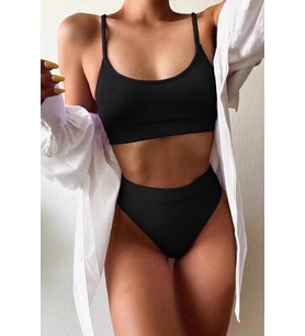 Angelsin Yüksek Bel Özel Kumaş Tankini Bikini Takım (Siyah)