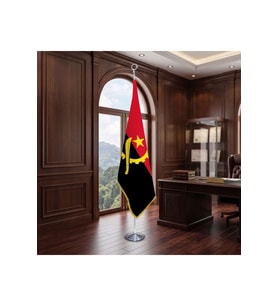 Angola Direkli - Altın Saçaklı Saten Makam Bayrağı Seti (Krom Direk)