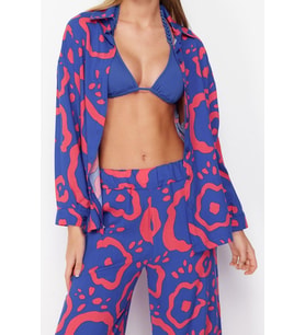 Tarz Kadın Modern Moda Normal Bel Boru Paça Gömlek Yaka Soyut Desenli Dokuma Gömlek Pantolon Takım