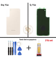 Samsung Galaxy S22 Plus Krem Renk Arka Kapak + Tamir Seti + B7000 Yapıştırıcı Arka Cam Batarya Kapağı Pil Kapağı Lazer Kesim Back Cover Galaxy S22 Plus Uyumlu