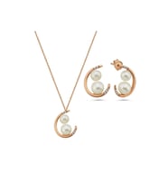 Çift Doğal İncili Küpe Kolye İkili Set (Rose)