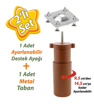 Destek Ayağı 9,5-14,5 cm Kahverengi ve Metal Düz Ayak Tabanı M8 Civatalı İnce Diş Mobilya Kanepe Baza Koltuk Seti
