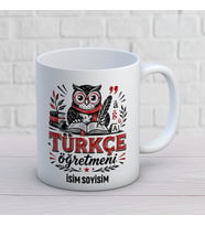Kişiye Özel Türkçe Öğretmeni Baskılı Kupa, Baykuş ve Kitap Tasarımlı Eğlenceli İsimli Öğretmen Hediyesi