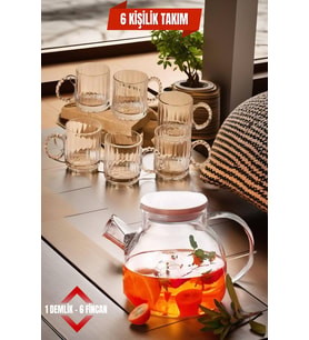 6 Kişilik Set Takım 1 Adet Cam Demlik - 6 Fincan Takım - Model 3