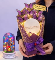 Kişiye Özel Aynalı Tasarım Led Işıklı Mor Kelebek Buketi (Renkli Işıklı Fanus Hediyeli) (Model 8)