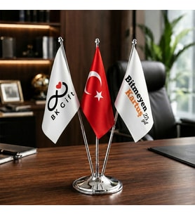 BK Gift Masaüstü 3'lü Bayrak Direği Tekli Gümüş Bayrak Standı ve 3 Bayrak - 33 cm Ofis Masa Bayrağı
