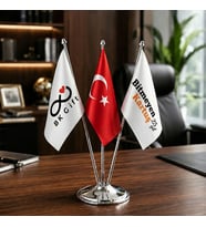 BK Gift Masaüstü 3'lü Bayrak Direği Tekli Gümüş Bayrak Standı ve 3 Bayrak - 33 cm Ofis Masa Bayrağı