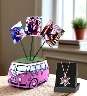 Kişiye Özel 3 Fotoğraflı Vosvos Saksı ve Gerçek Ametist Taşlı Lotus Kolye (Pembe)