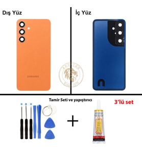 Samsung Galaxy S24 Turuncu Renk Lensli Arka Kapak + Tamir Seti + B7000 Yapıştırıcı Arka Cam Batarya Kapağı Pil Kapağı Lazer Kesim Back Cover Galaxy S24 Uyumlu