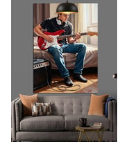 Şapkalı Adam Elektro Gitar Çalıyor Dekoratif Kanvas - Mdf Ahşap Tablo