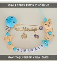 Sahi Aksesuar İsimli Bebek Emzik Zinciri ve Mavi Taşlı Bebek Yaka İğnesi TYBEZYI100