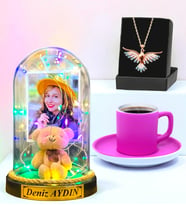 Kişiye Özel Renkli Led Işıklı Fanus, Türk Kahvesi Fincanı ve Renkli Anka Kuşu Kolye (Model 9)