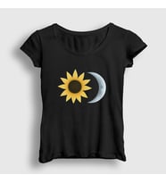 Presmono Kadın Siyah Sunflower Sun Moon Güneş Ay T-Shirt 413381tt