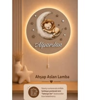 Ahşap Aylı Aslan Lamba İsme Özel Pilli Ledli Gece Lambası Bebek Çocuk Odası