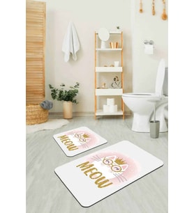 Pembe Kedi Temalı Banyo Halısı Klozet 2'li Paspas Seti BS260