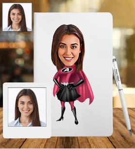 Kişiye Özel Süper Kadın Tasarımlı Karikatür Deri Defter & Metal Tükenmez Kalem + Ahşap Çerçeve hediye 80