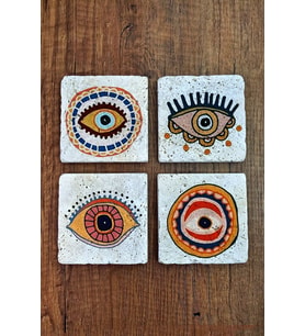 Doğal Taş Bardak Altlığı 4'lü Set - Nazarlık- Nazar Göz Baskılı Stone Coasters