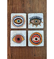 Doğal Taş Bardak Altlığı 4'lü Set - Nazarlık- Nazar Göz Baskılı Stone Coasters
