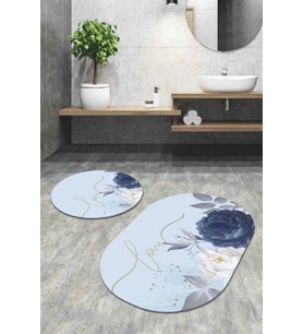 Eflatun Çiçek Desen Oval Banyo Klozet Paspas Seti BS096