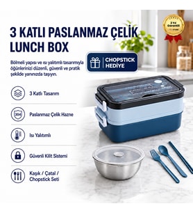 Mavi Paslanmaz Çelik 3 Katlı Yemek Taşıma Kabı Isı Yalıtımlı Lunch Box
