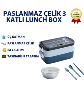 Mavi Paslanmaz Çelik 3 Katlı Yemek Taşıma Kabı Isı Yalıtımlı Lunch Box