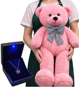 Büyük Boy 80 cm Pembe Peluş Ayıcık ve 925 Ayar Gümüş Gerçek Ametist Taşlı Lotus Çiçeği Kolye Hediye Seti