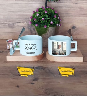 Amcaya Hediye Kupa Bardak Ahşap Altlıklı Kısa Fotoğraflı Amcaya Doğum Günü Hediyesi