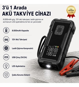 8.000mAh Akü Takviye Cihazı ve Lastik Hava Kompresörü Araç Şarj Takviye Pompası