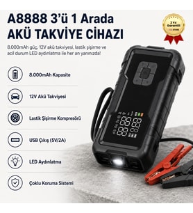 A8888 8.000mAh Akü Takviye Cihazı ve Lastik Hava Kompresörü Araç Şarj Takviye Pompası