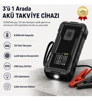 8.000mAh Akü Takviye Cihazı ve Lastik Hava Kompresörü Araç Şarj Takviye Pompası